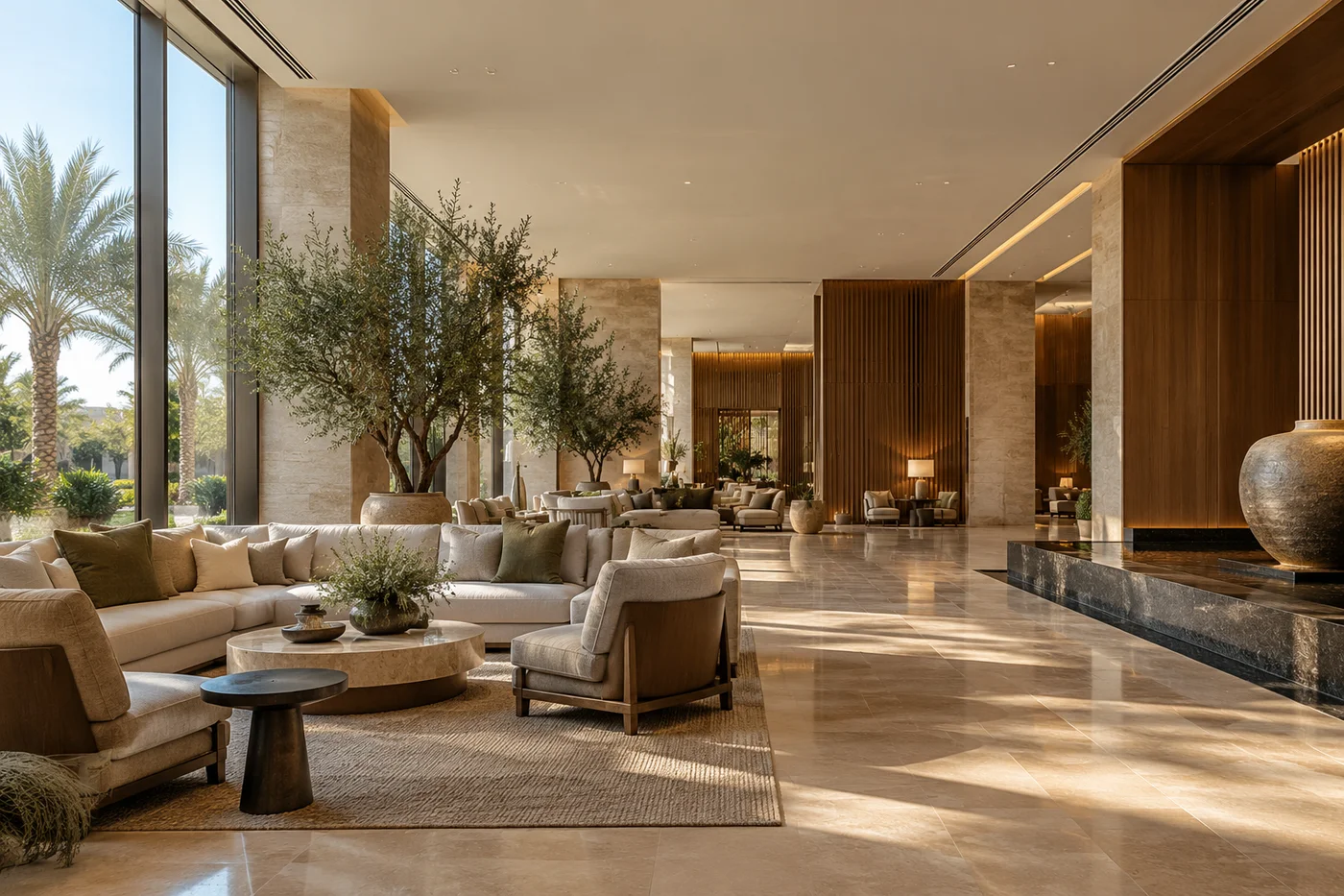 Illustrative hospitality interior with integrated air outlets