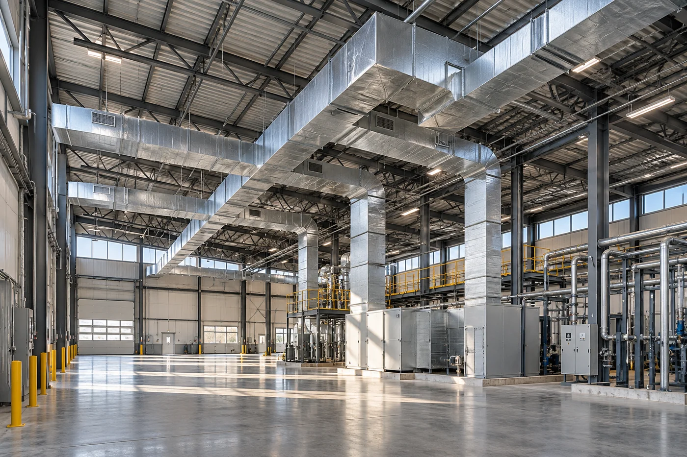Illustrative industrial facility with overhead ventilation ductwork
