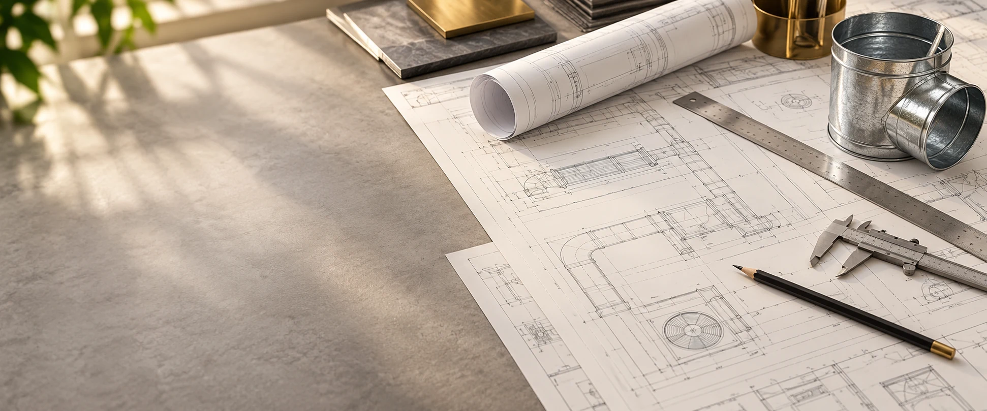 Illustrative project drawings, measuring tools and a duct sample